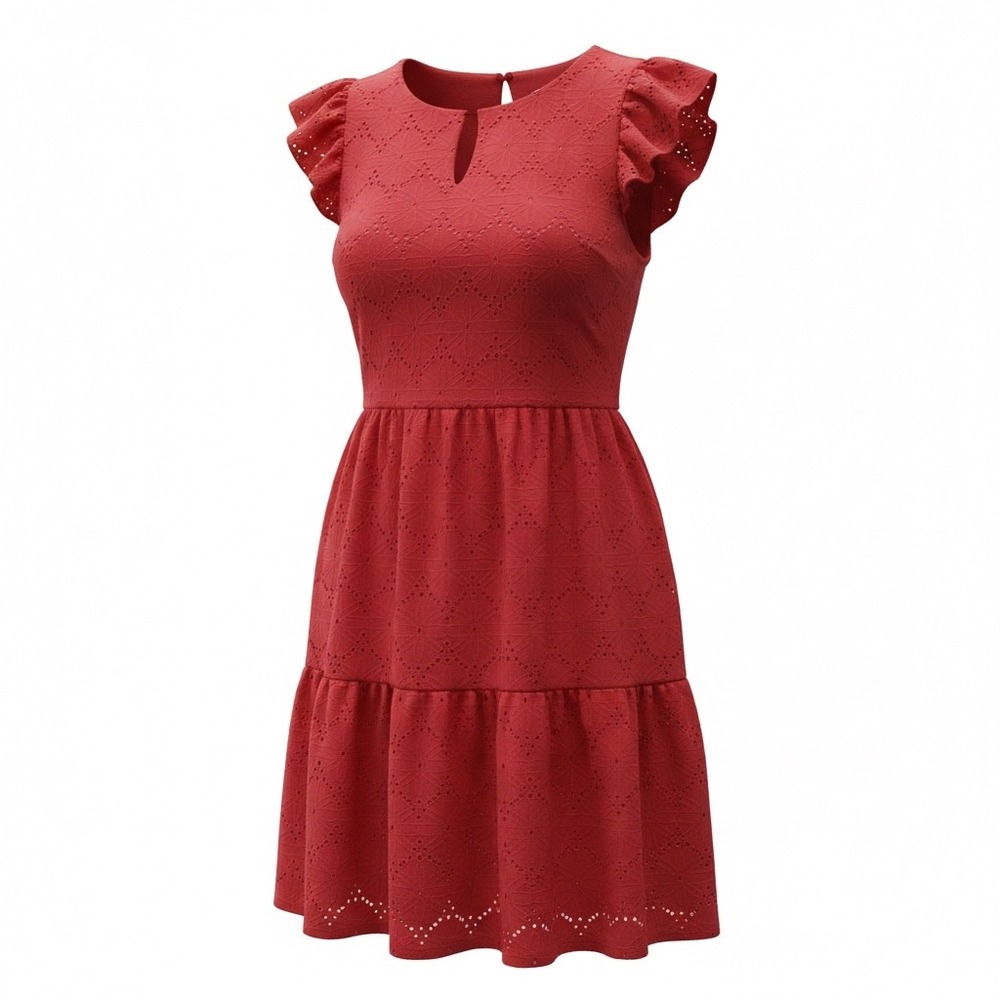 Jessica Howard Eyelet Dress Women 16 Red Ruffle Sleeve Tiered Pockets